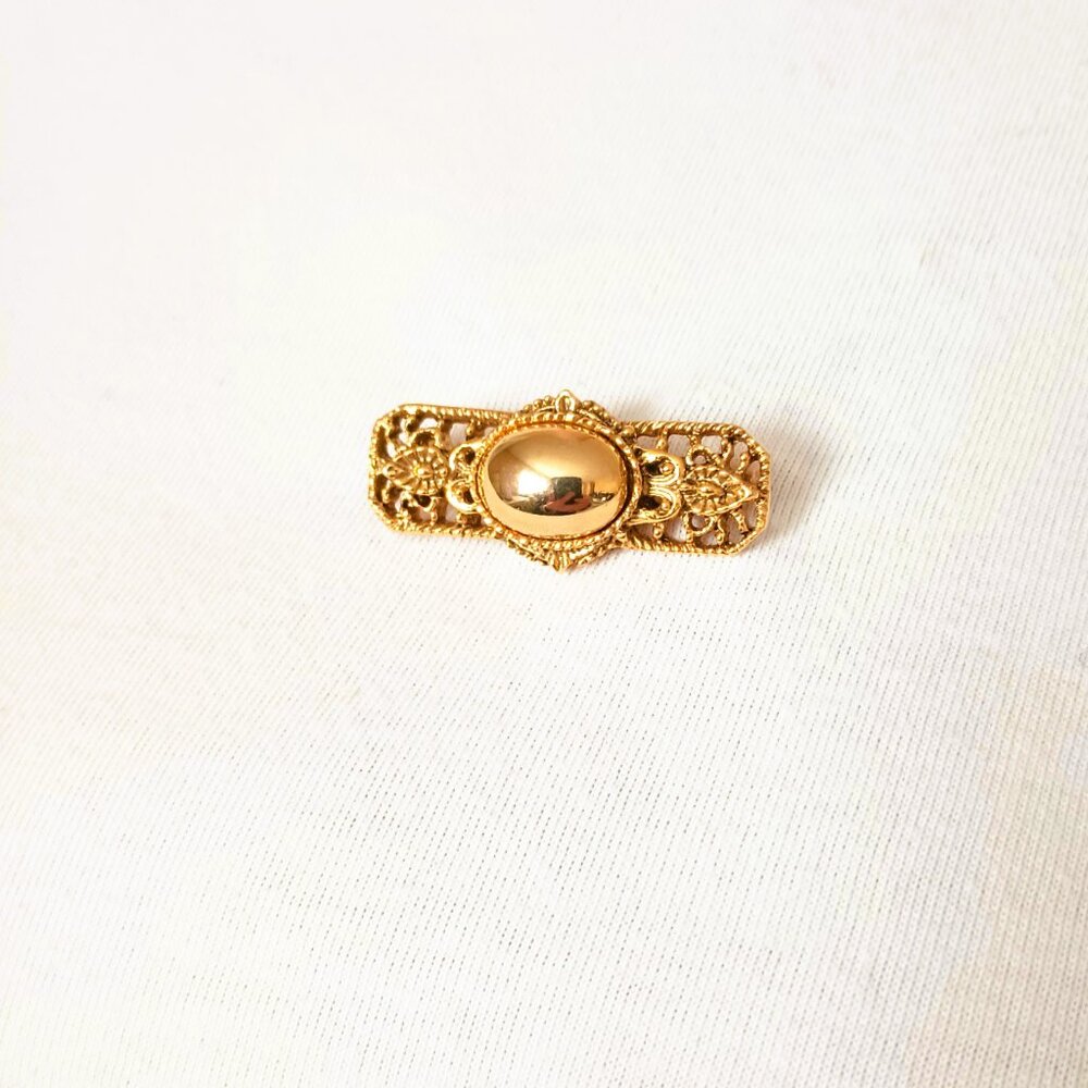Vintage Gold Floral Filigree Bar Brooch with Gold Ball Center Etched Flower Pin